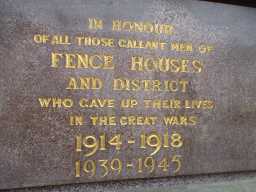 Close up view of Fence Houses and District Memorial Inscription on Fence Houses War Memorial January 2017